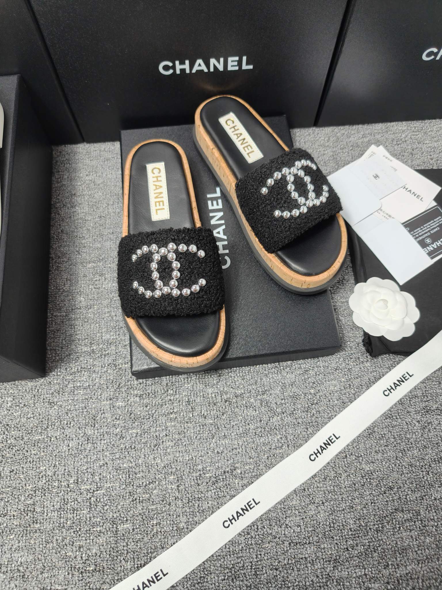 Chanel Double C Wooden Thick Bottom Pearls Heels Slippers Sandals Shoes