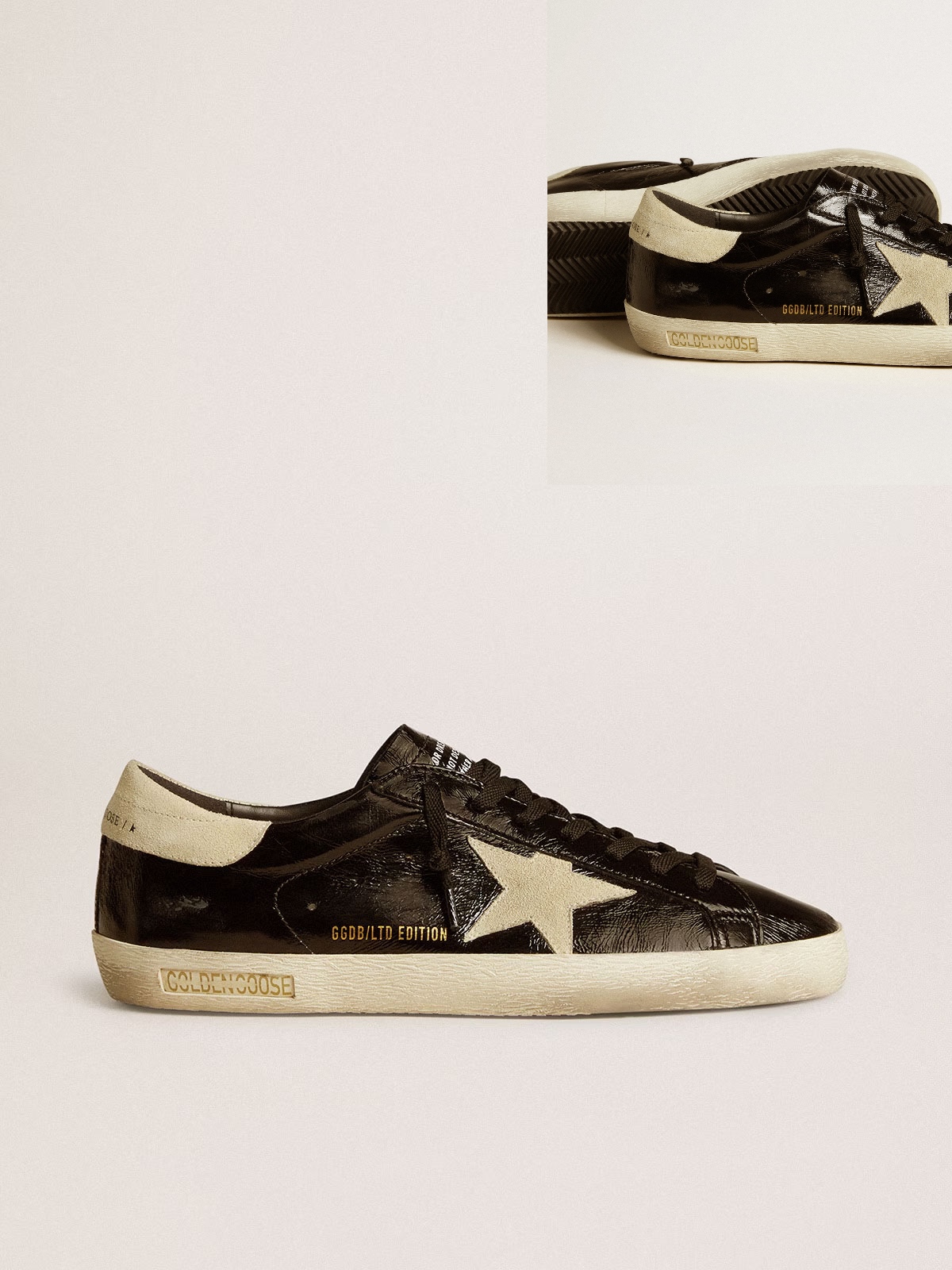 Golden Goose GGDB Men's Super-Star LTD in black patent leather with suede star and heel tab