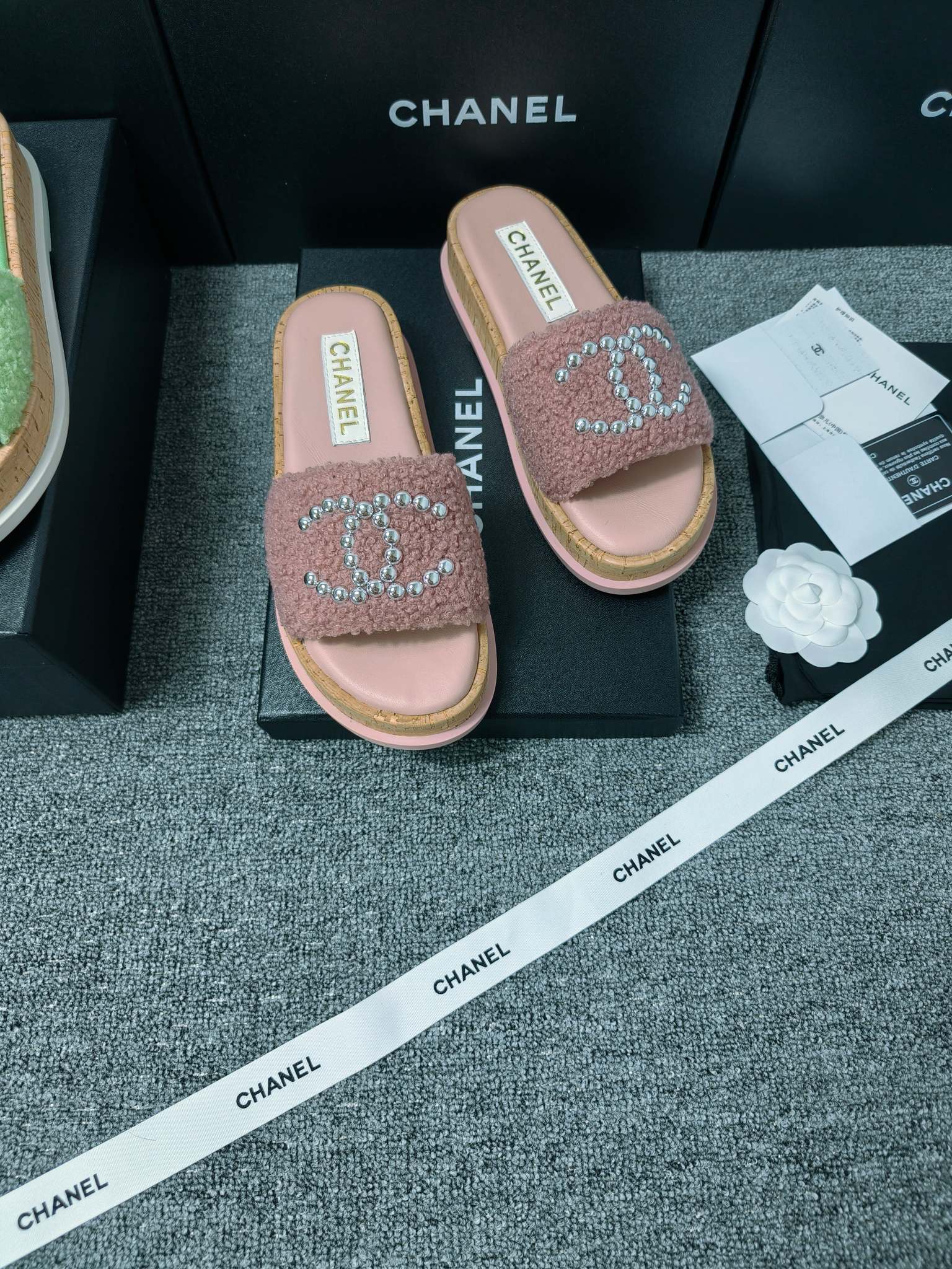 Chanel Double C Wooden Thick Bottom Pearls Heels Slippers Sandals Shoes