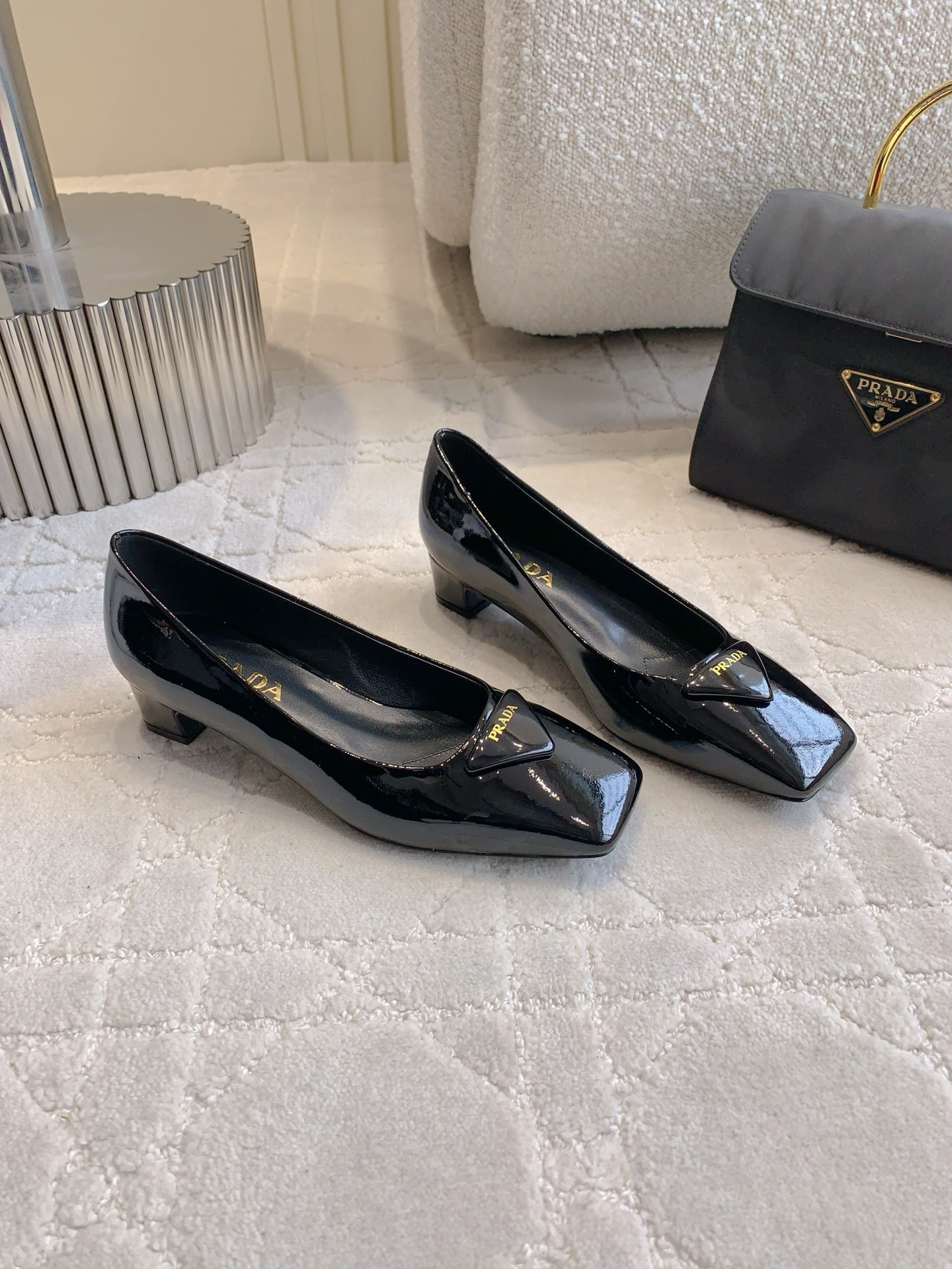 Prada Triangle Square Toe Chunky Heel Shoes Sandals Slipper Shoes
