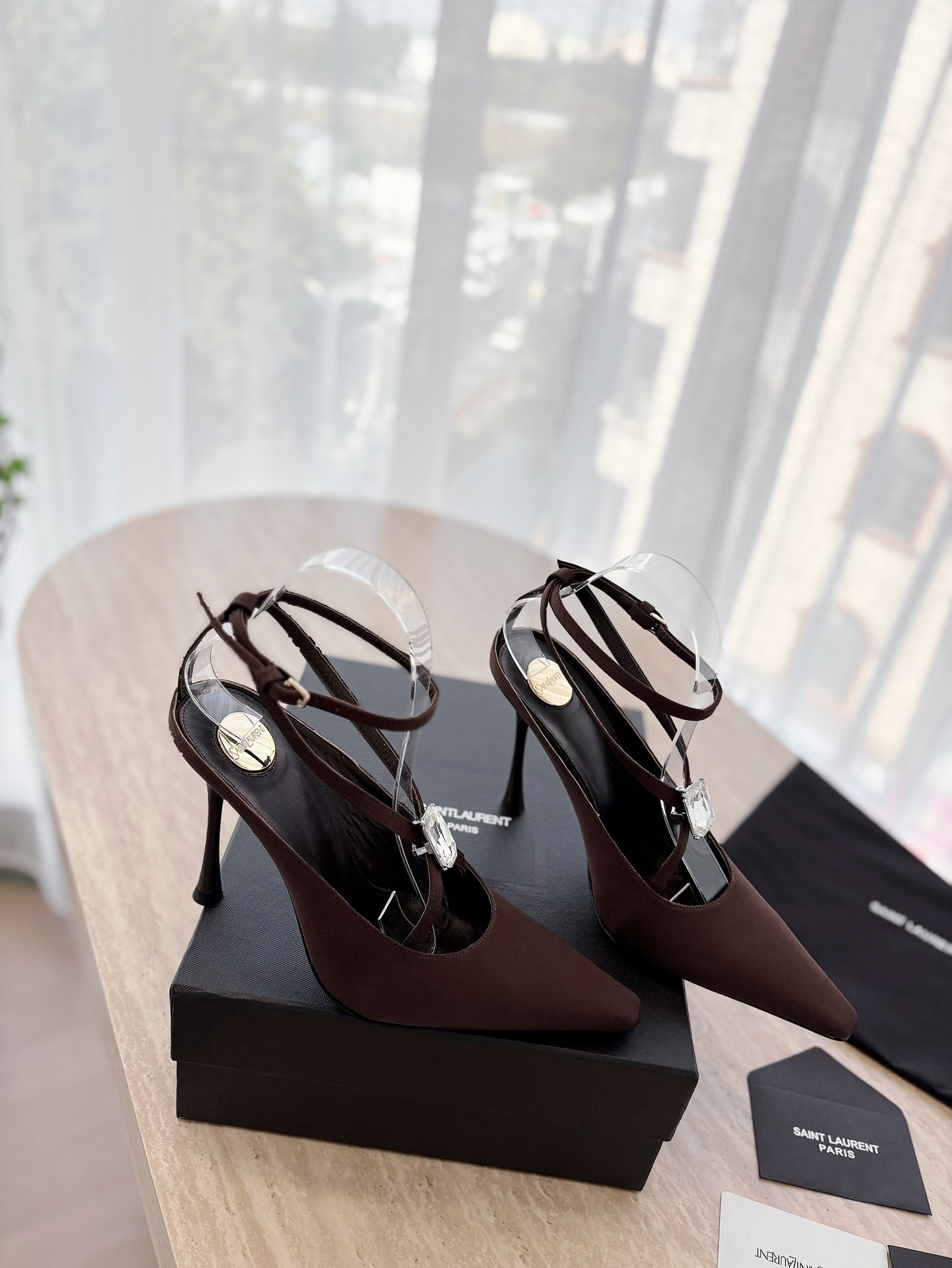 Saint Laurent YSL 25ss Big Rhinestone Pointed Toe Heeled Sandals Shoes