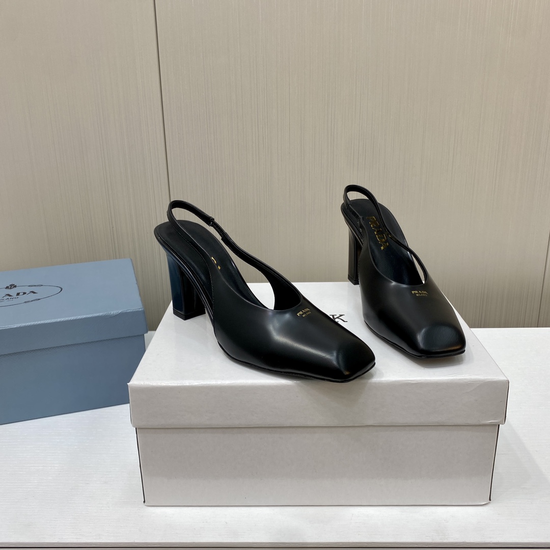 Prada Square Head High Heeled Chunky Sandals Slipper Rear Hollow Single Shoes