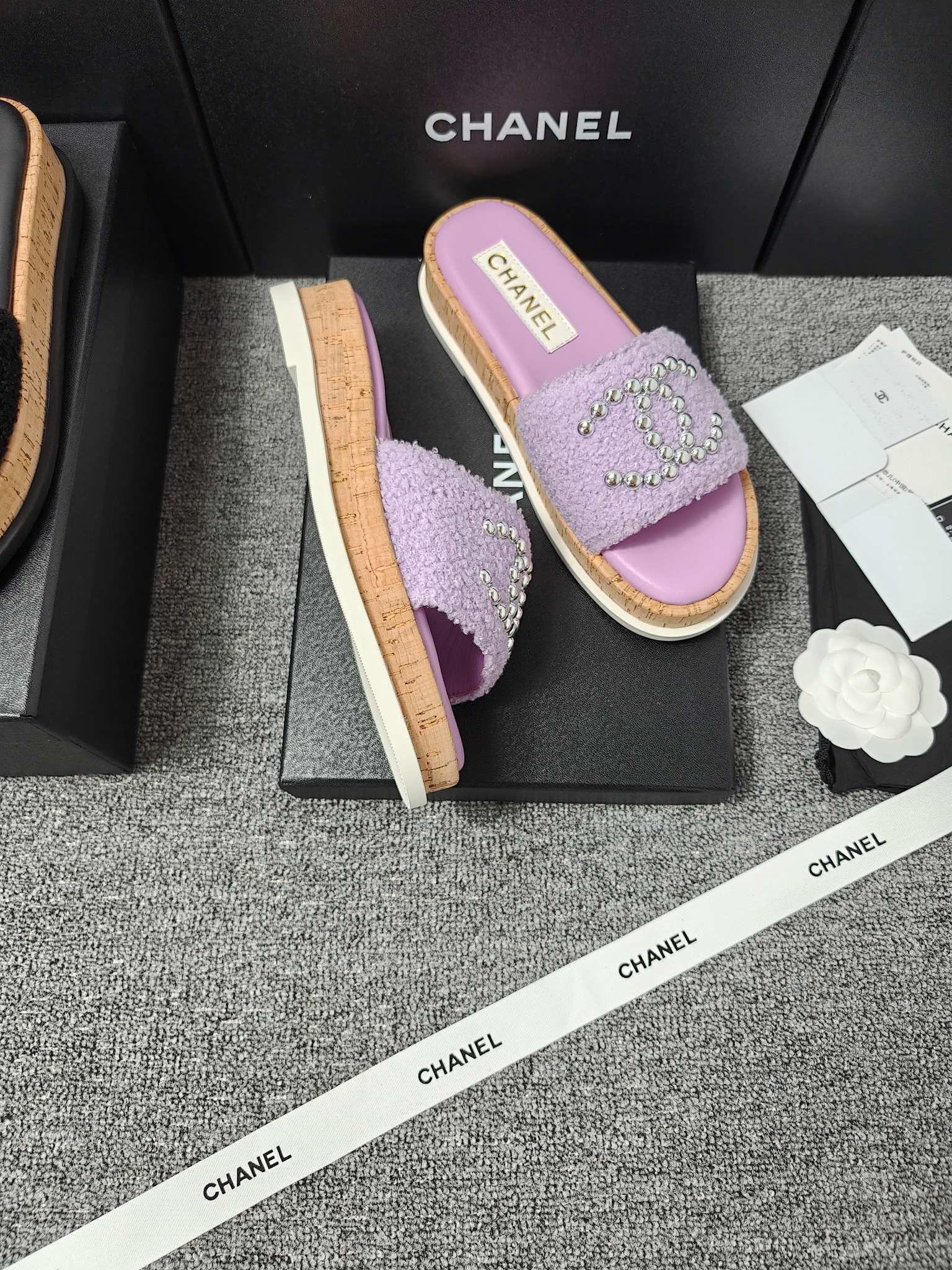Chanel Double C Wooden Thick Bottom Pearls Heels Slippers Sandals Shoes