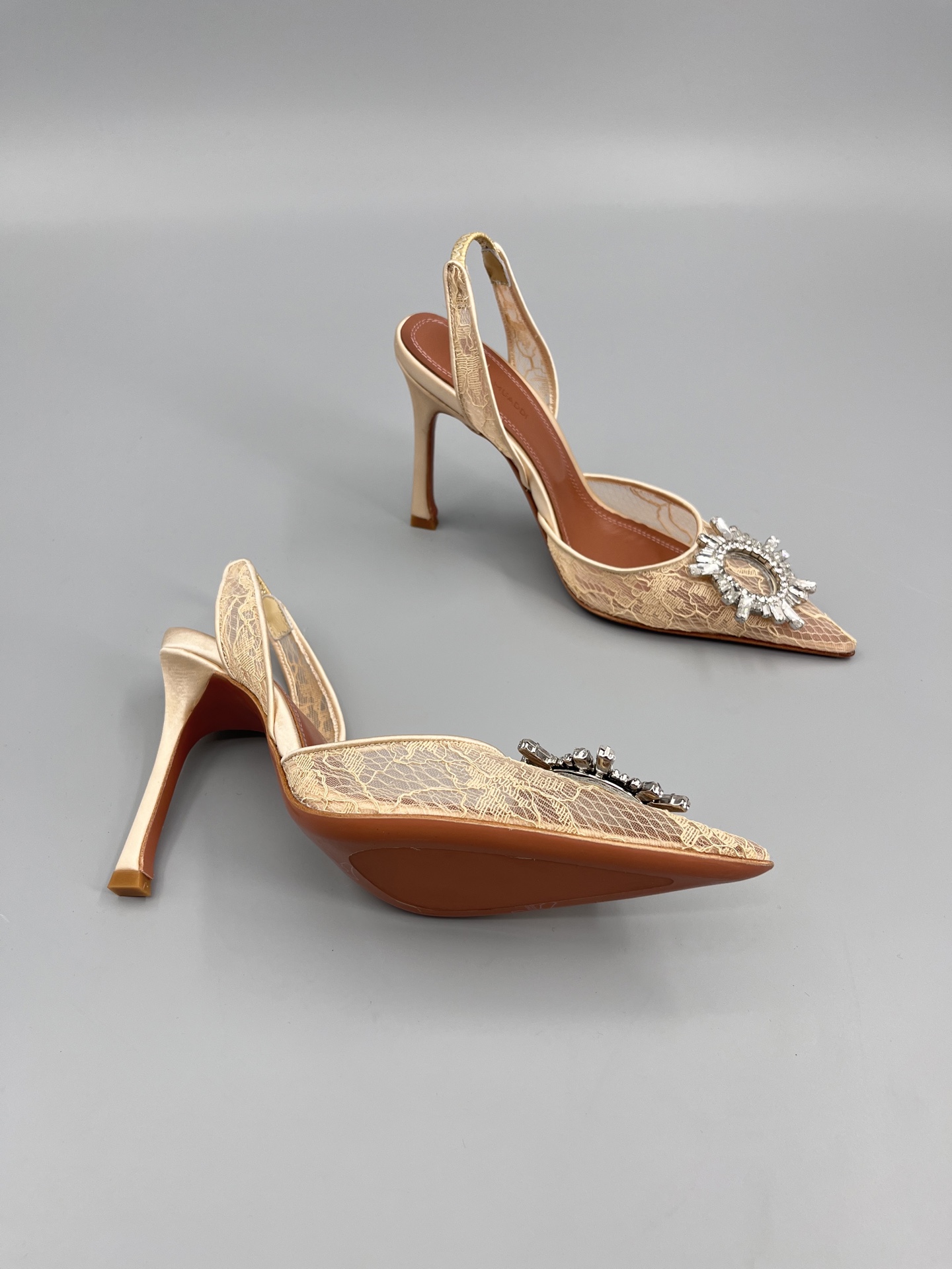 Amina Muaddi Sunflower Crystal Embellished Lace Up Heels Sandals Slipper Shoes