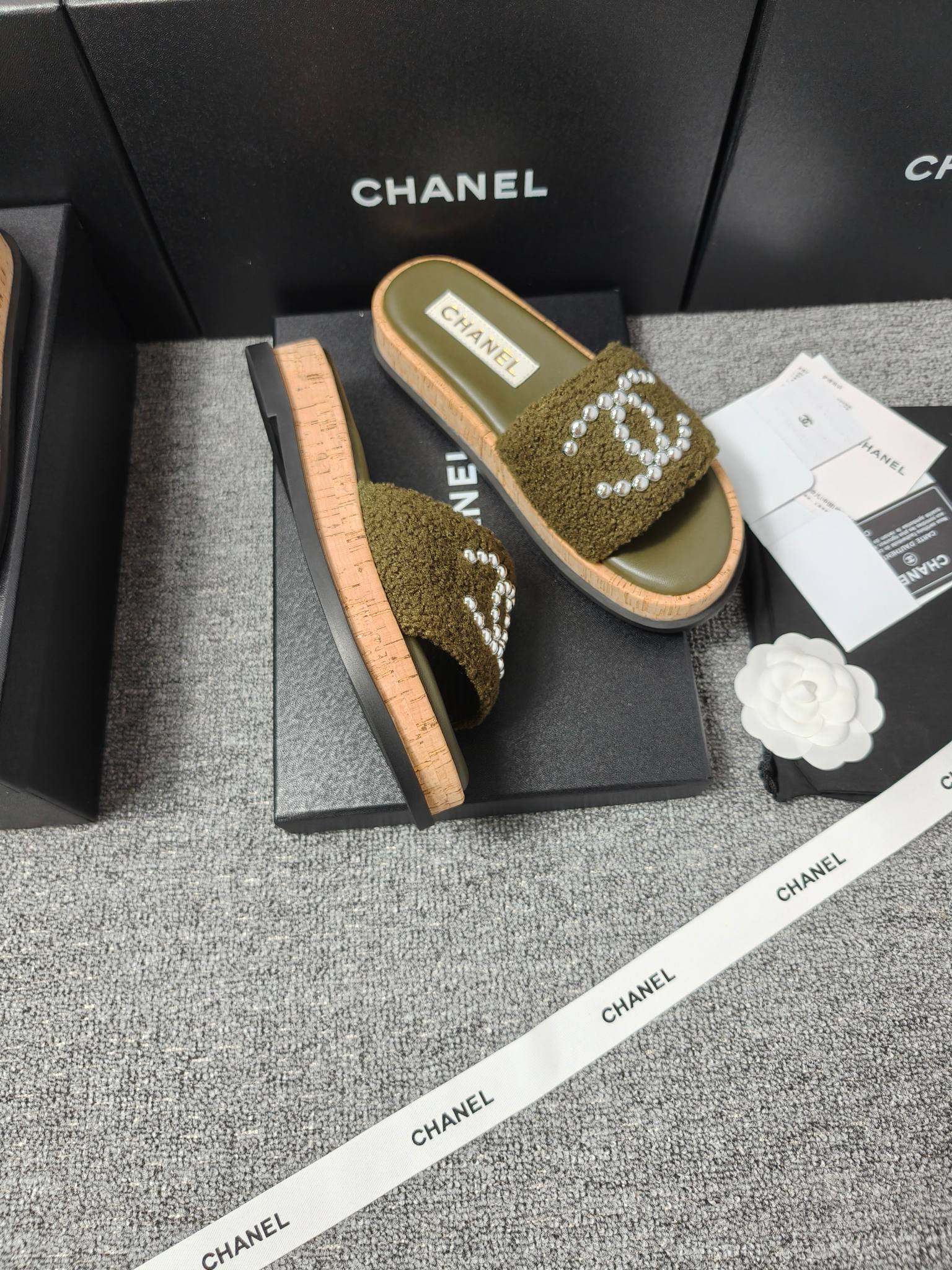 Chanel Double C Wooden Thick Bottom Pearls Heels Slippers Sandals Shoes