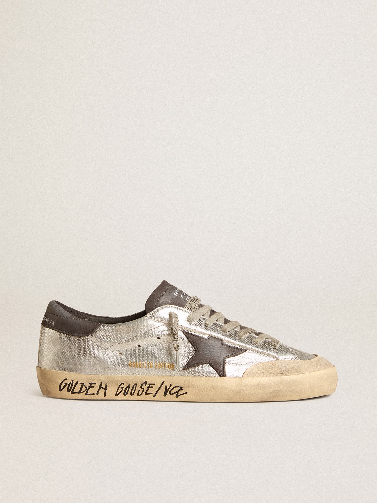 Golden Goose GGDB Men's silver Super-Star LTD with black nubuck star and heel tab