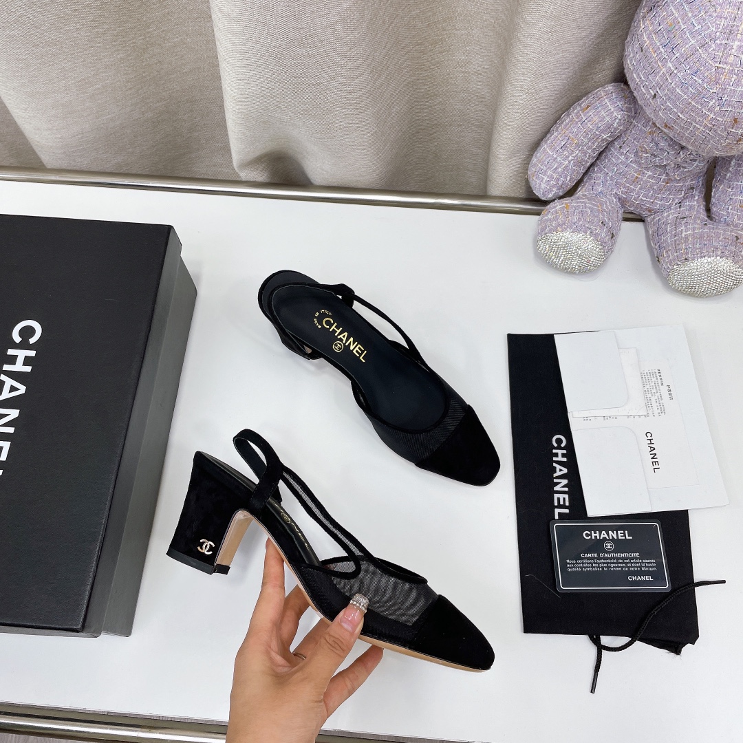 Chanel Chunky Heel High Heeled Rear Hollow Sandals Slipper Shoes