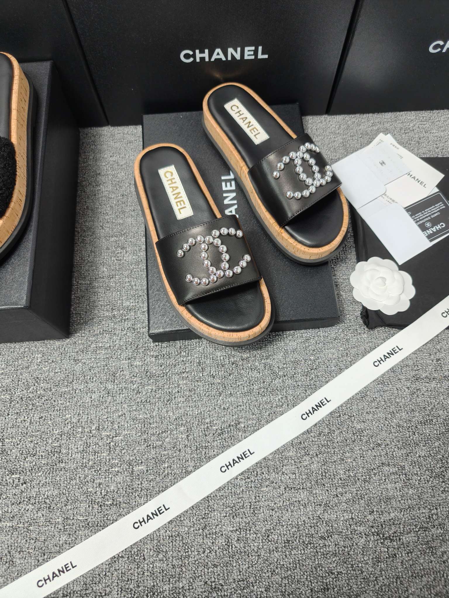 Chanel Double C Wooden Thick Bottom Pearls Heels Slippers Sandals Shoes