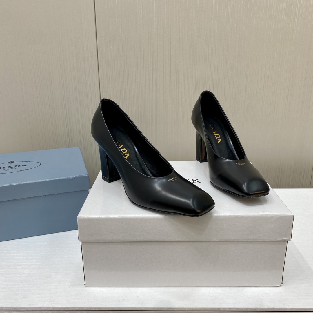 Prada Square Head High Heeled Chunky Sandals Slipper Rear Hollow Single Shoes