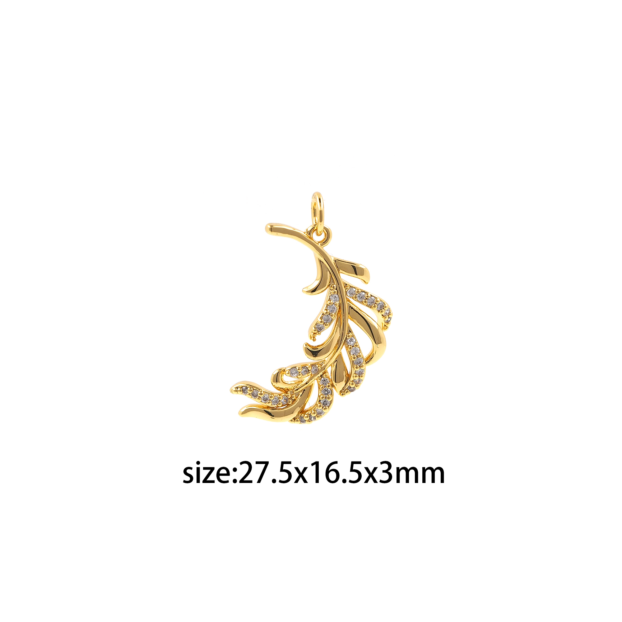 18K Gold Filled Feather Pendant,CZ Micro Pave Feather Charm Earrings Necklace for DIY Jewelry Making Supply