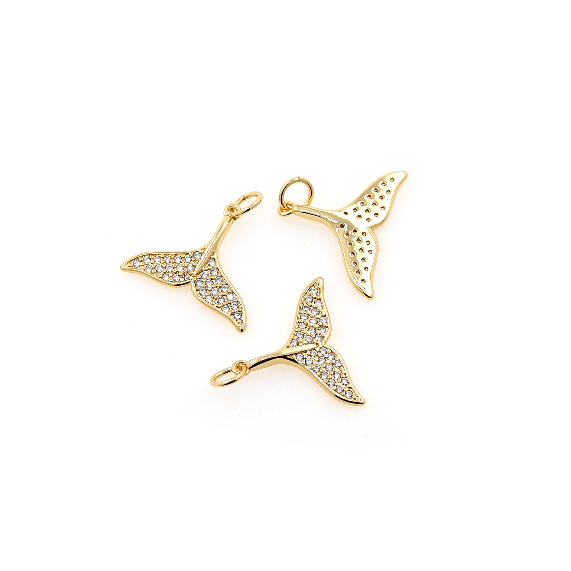 18K Gold Filled Whale Tail Pendant,CZ Micro Pave Whale Tail Charm Earrings Necklace for DIY Jewelry Making Supply