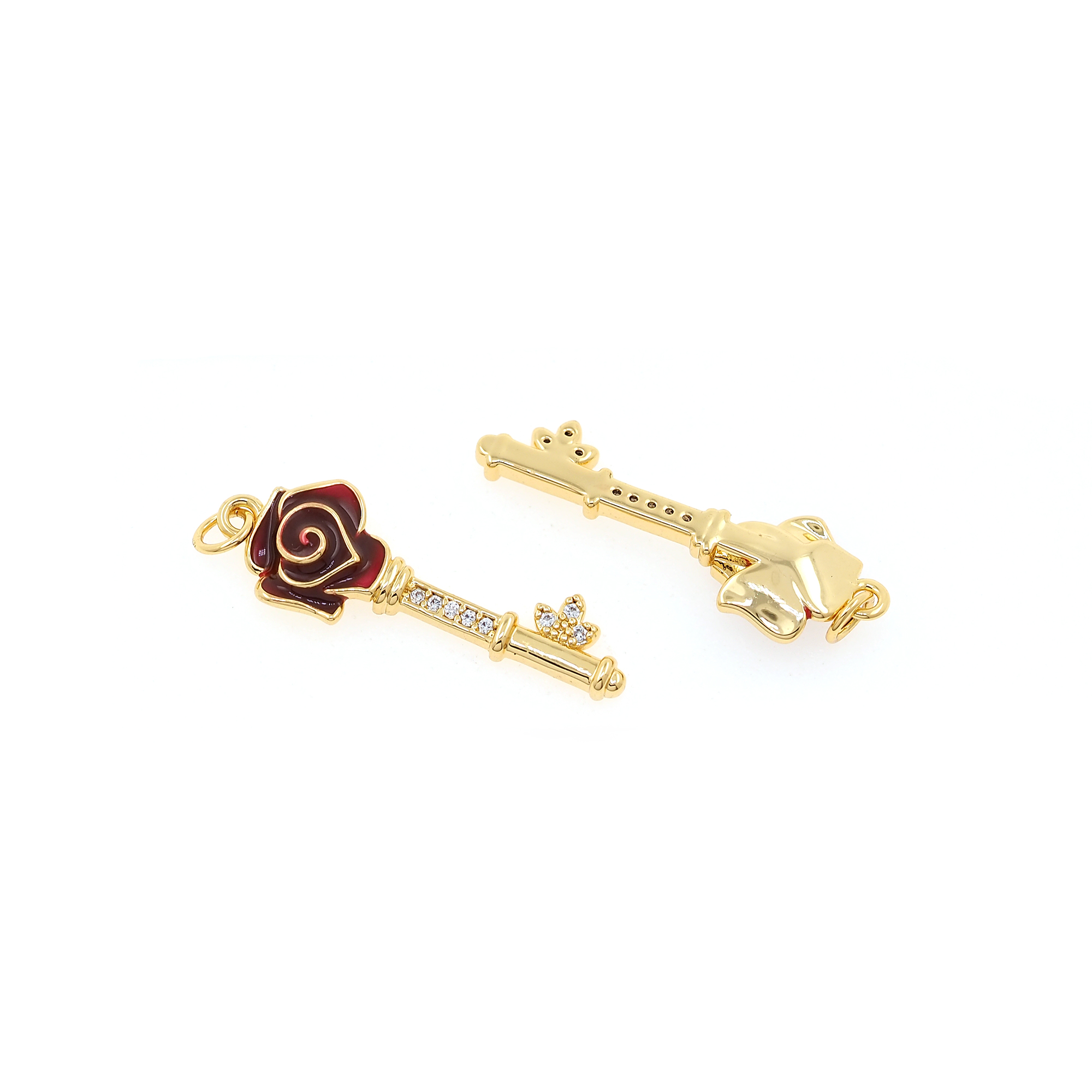 18K Gold Filled Rose Key Pendant,Enamel Key Charm Earrings Necklace for DIY Jewelry Making Supply