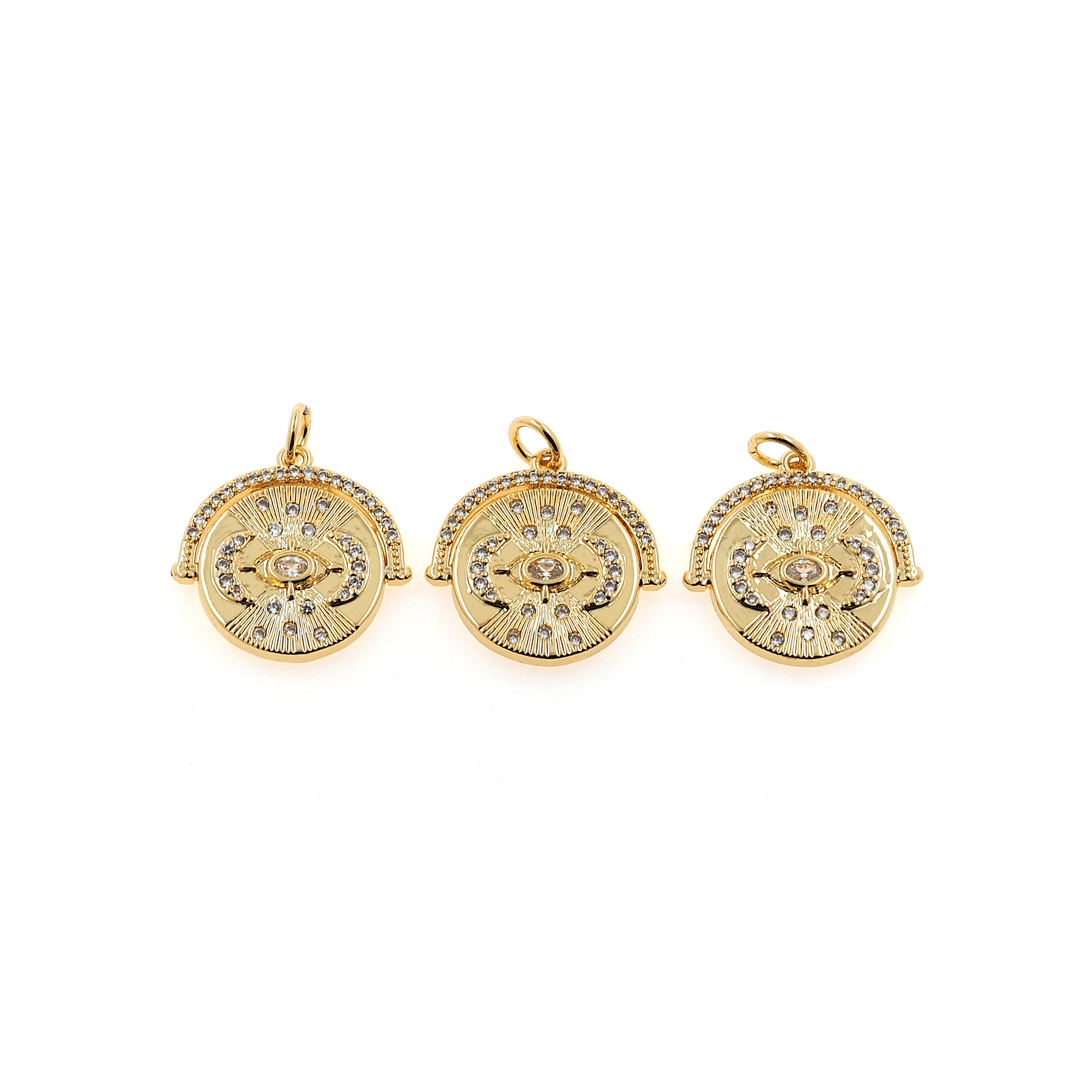 18K Gold Filled Coin Eye Pendant,CZ Micro Pave Amulet Charm Earrings Necklace for DIY Jewelry Making Supply