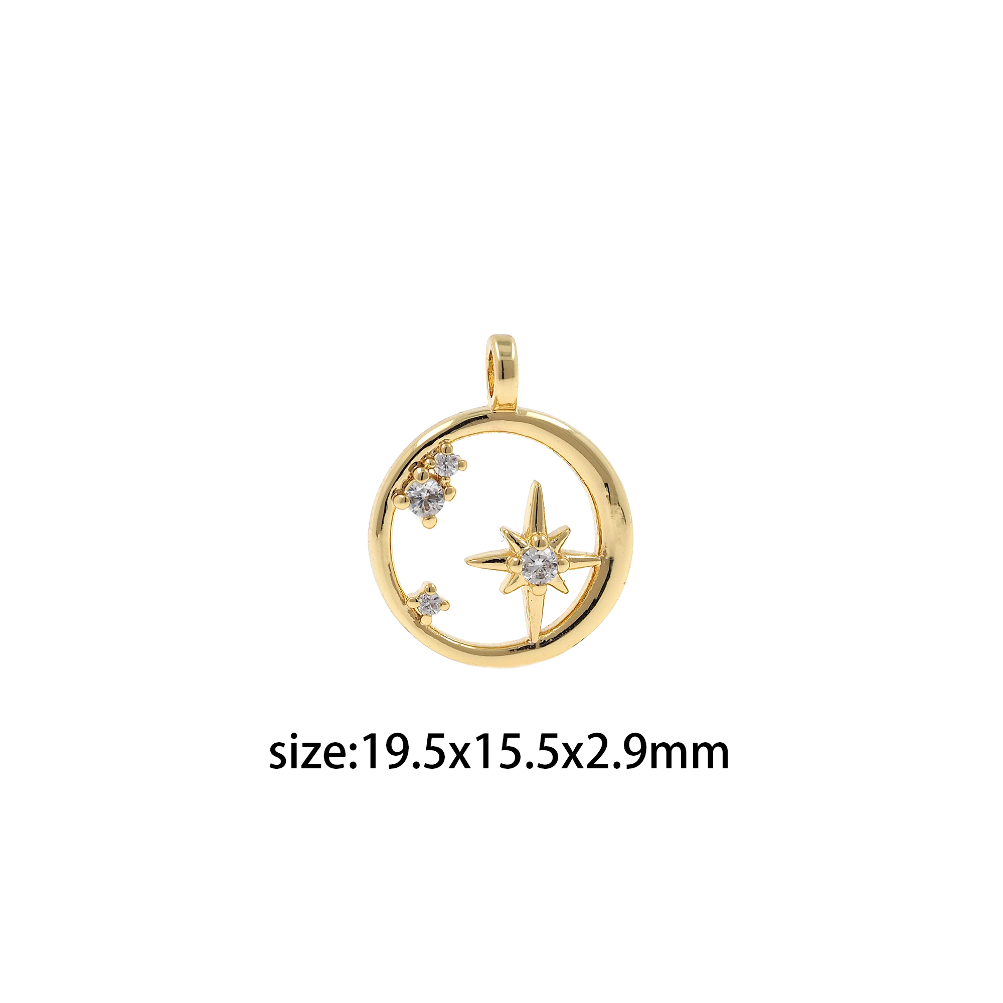 18K Gold Filled Round North Star Pendant,Celestial Charm,CZ Micro Pave North Star Earrings Necklace for DIY Jewelry Making Supply