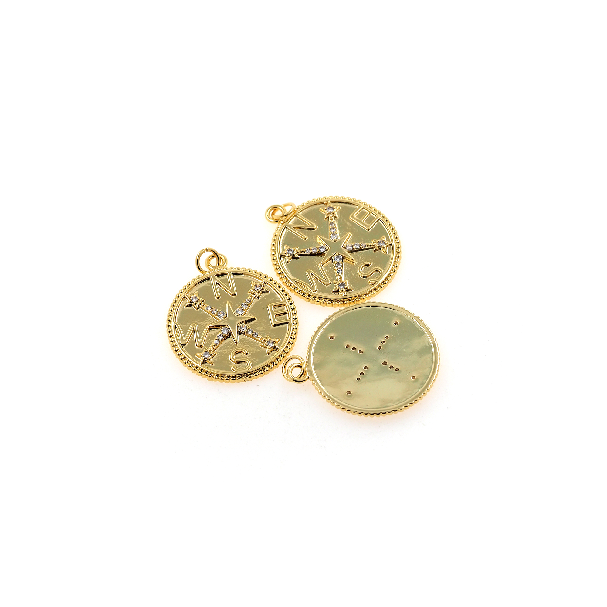 18K Gold Filled Compass Pendant,CZ Micro Pave Direction Charm Earrings Necklace for DIY Jewelry Making Supply