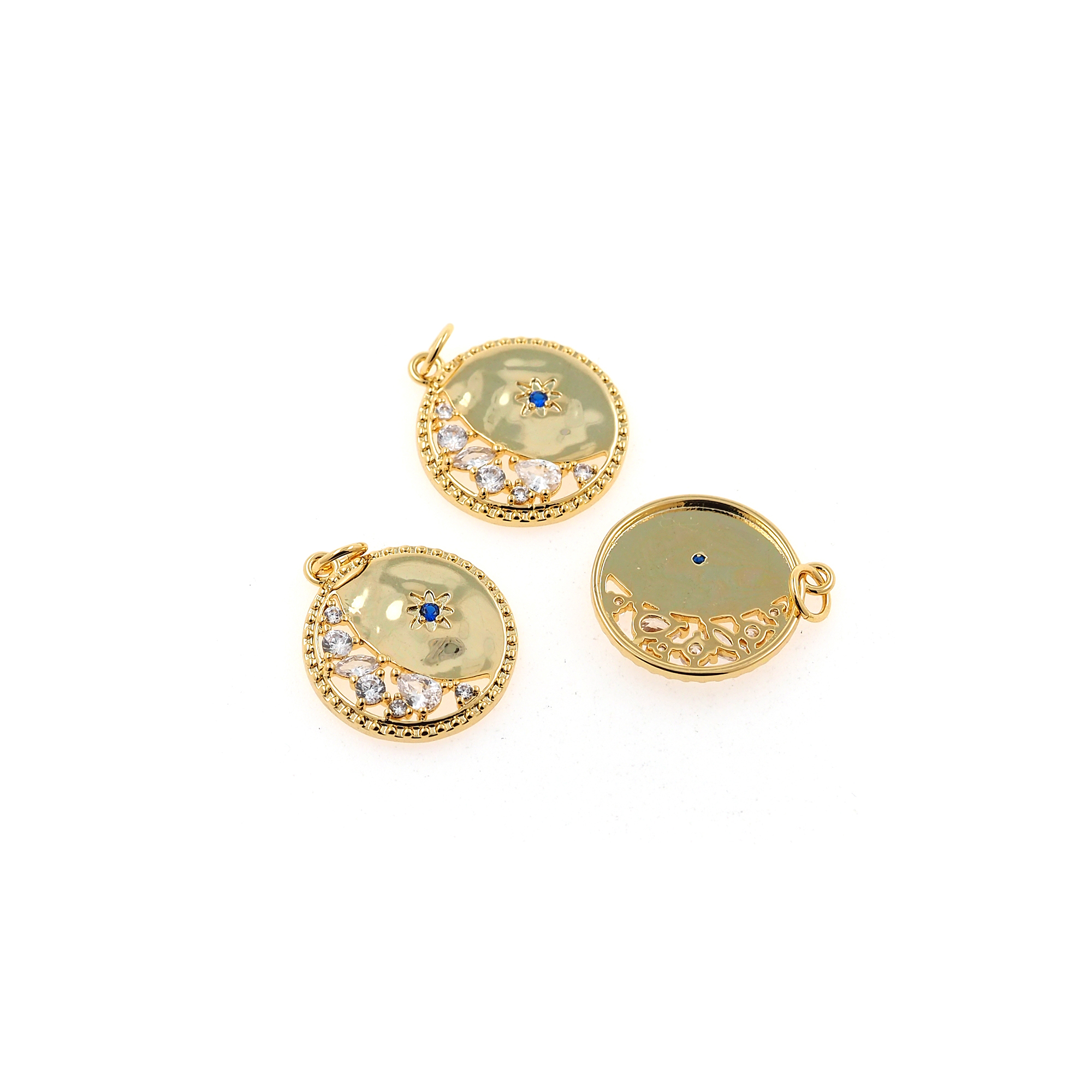 18K Gold Filled Round Moon Pendant,CZ Micor Pave Celestial Charm Earrings Necklace for DIY Jewelry Making Supply