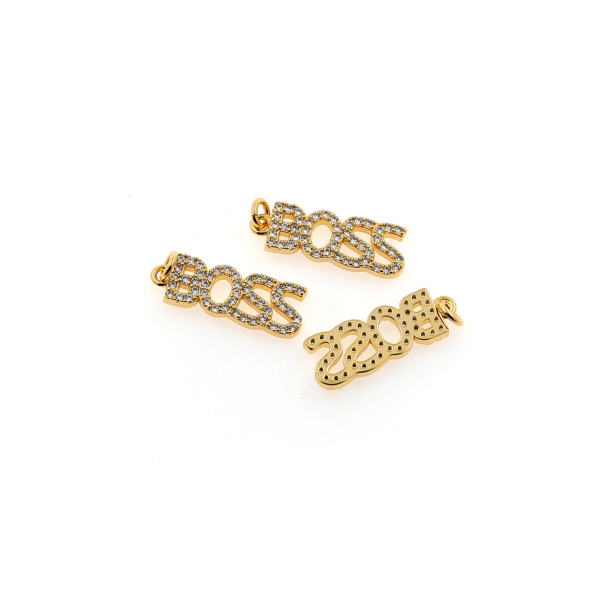 18K Gold Filled BOSS Pendant,CZ Micro Pave Boss Charm Earrings Necklace for DIY Jewelry Making Supply