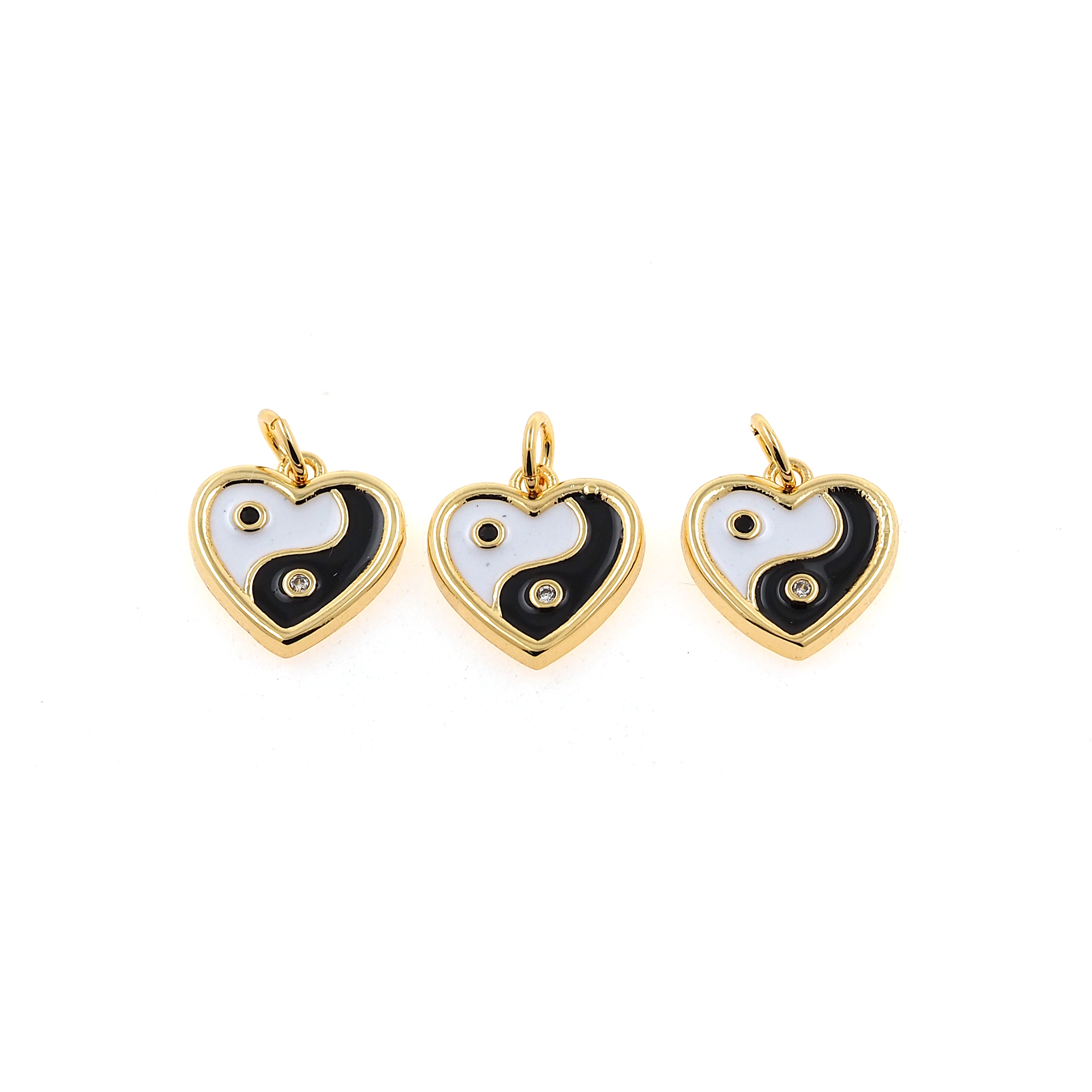 18K Gold Filled Heart Yin Yang Pendant,Enamel Heart Gossip Charm Earrings Necklace for DIY Jewelry Making Supply