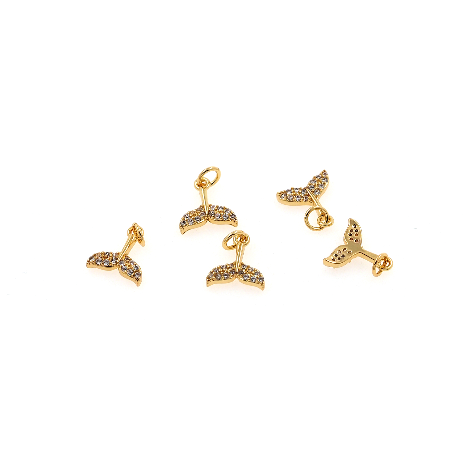 18K Gold Filled Tiny Tail Pendant,CZ Micro Pave Whale Tail Charm Earrings Necklace for DIY Jewelry Making Supply