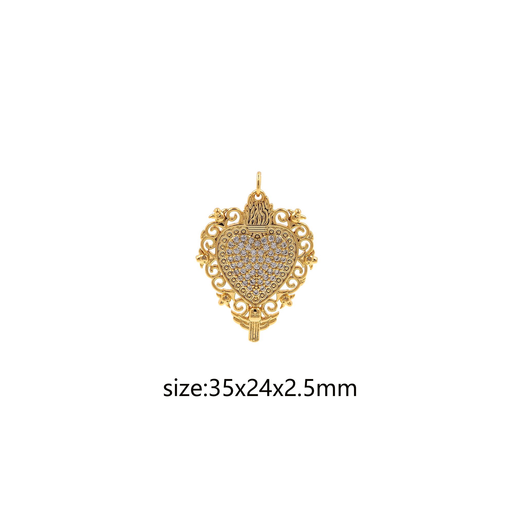 18K Gold Filled Sacred Heart Pendant,CZ Micro Pave Heart Charm Earrings Necklace for DIY Jewelry Making Supply