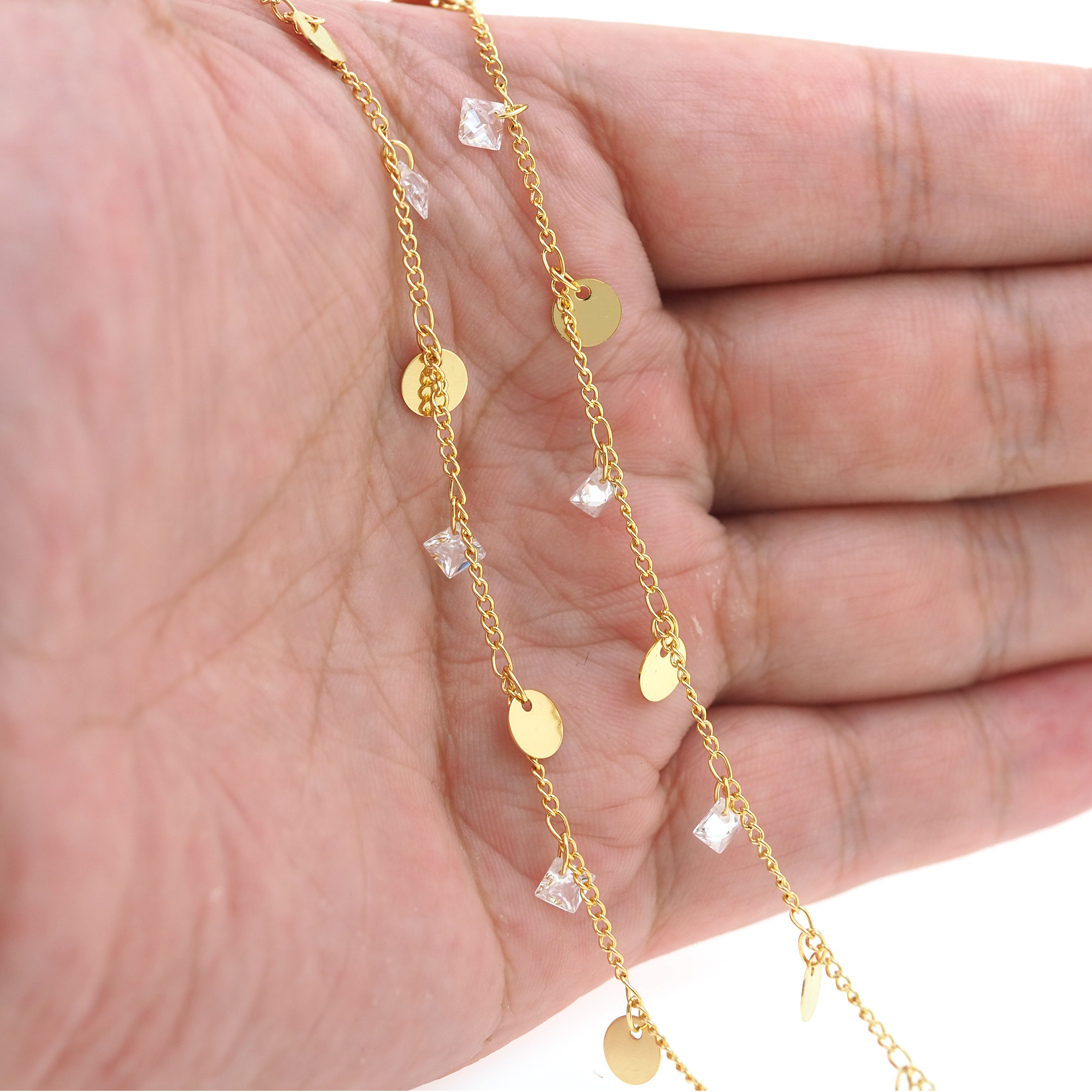 18K Gold Filled Disc Chain Necklace,Dainty Thin Link Chain,CZ Square Chain Necklace for Women DIY Jewelry Making Supply