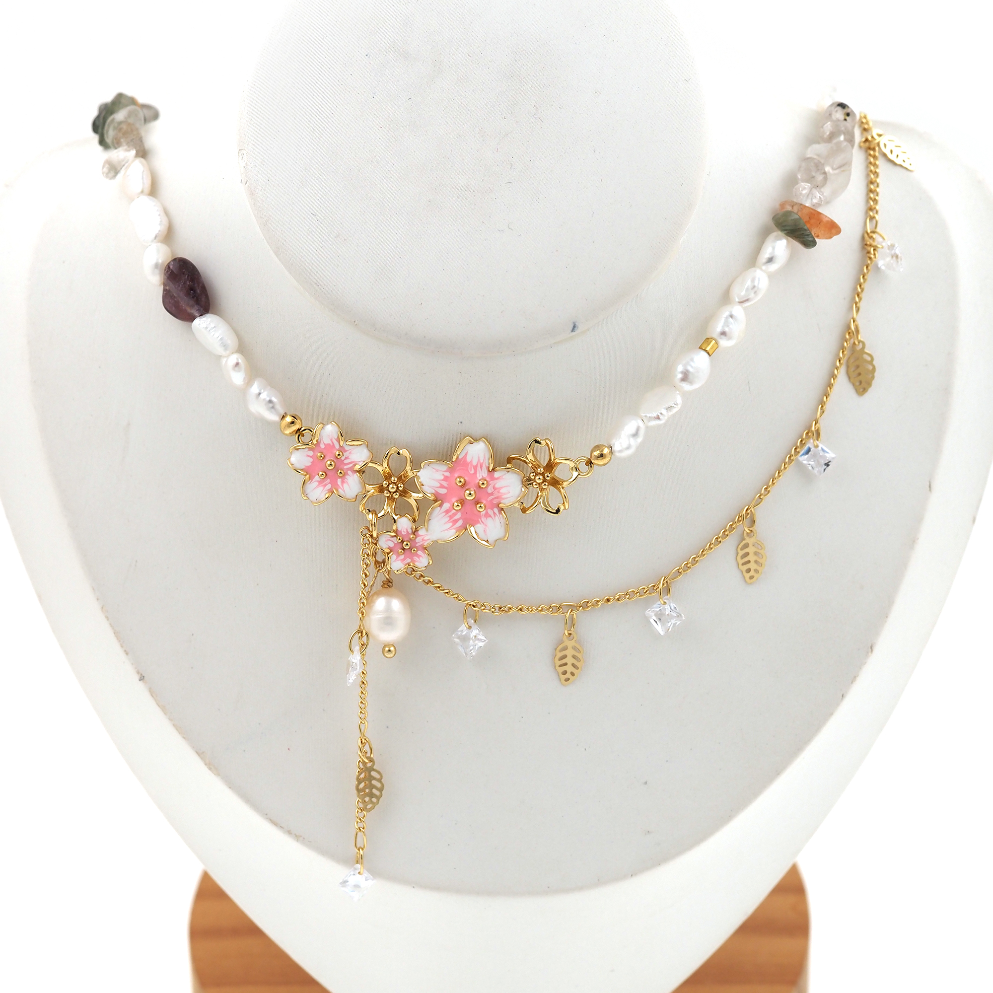 18K Gold Filled Flower Necklace,Layered Necklace,Beaded Necklace,Minimalist Necklace,Pearl Necklace,Adjustable Necklace