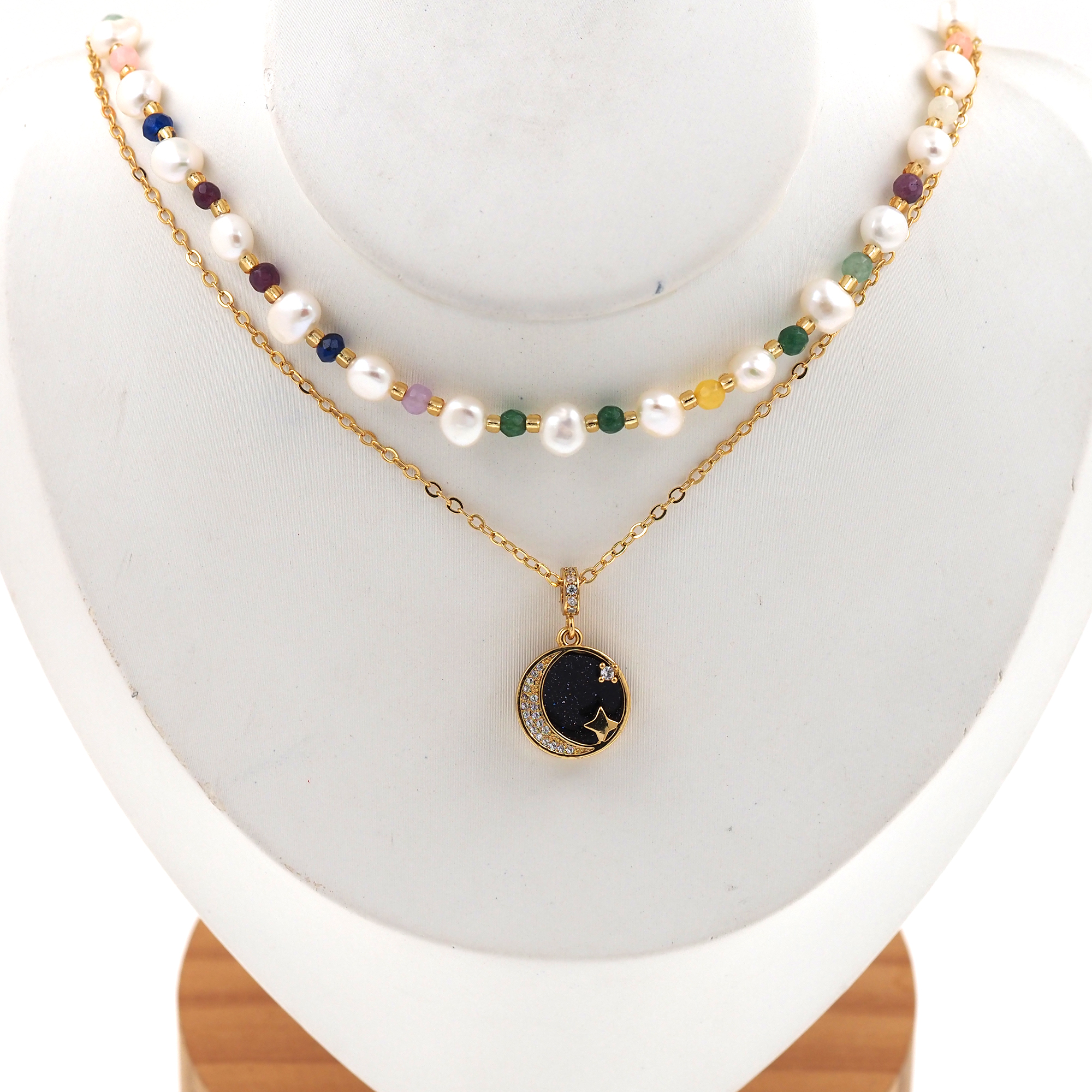 18K Gold Filled Moon Necklace,Pearl Chain,Minimalist Necklace,Layered Necklace,Beaded Necklace,Adjustable Necklace