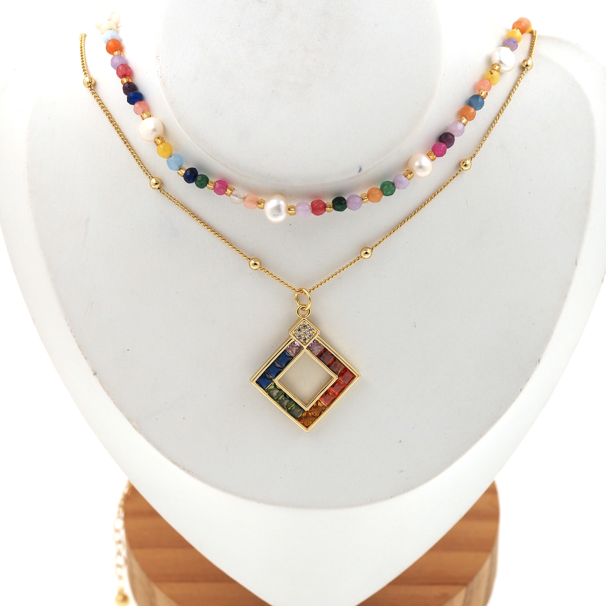 18K Gold Filled Square Necklace,Minimalist Necklace,Layered Necklace,Beaded Necklace,Adjustable Necklace