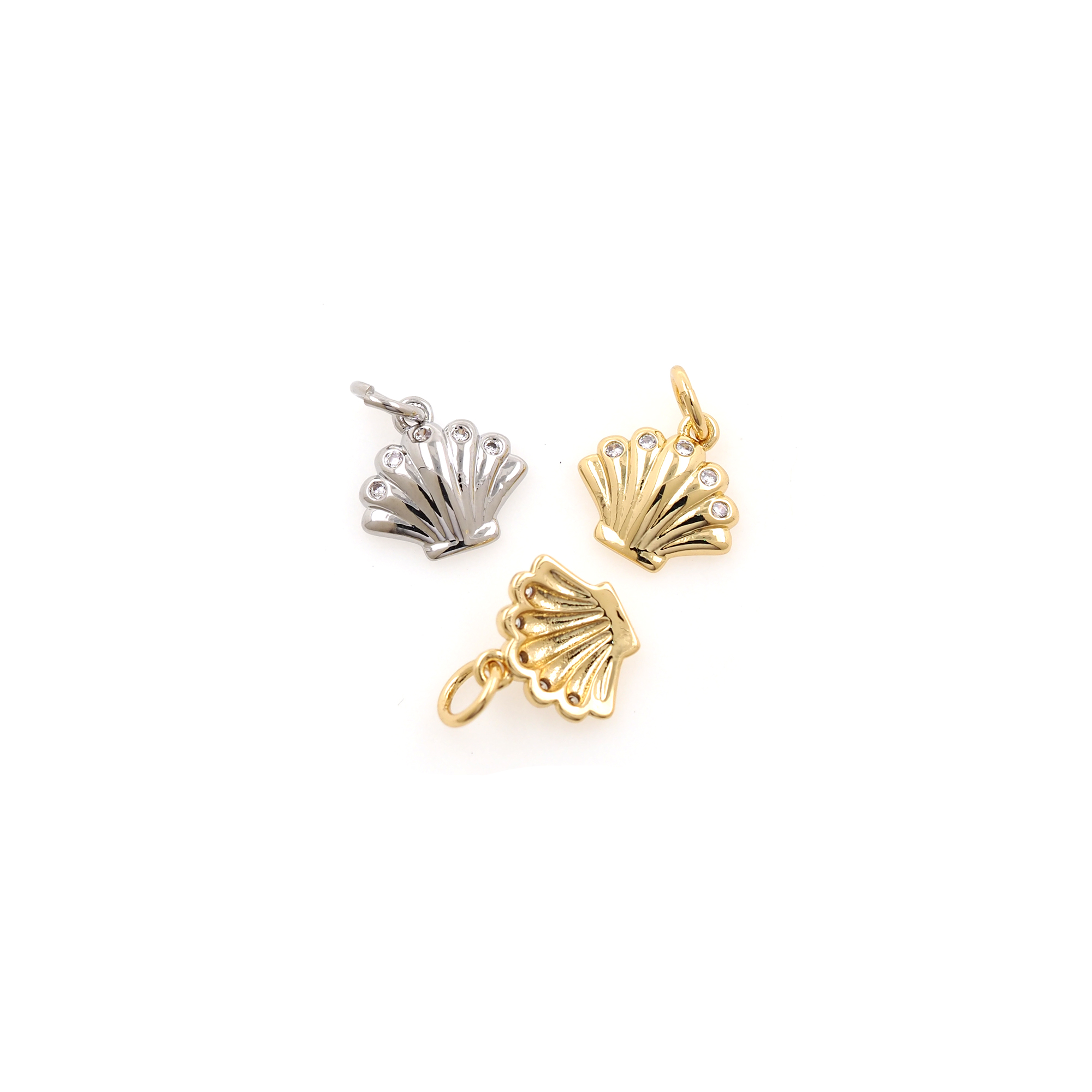 18K Gold Filled Scallop Pendant,CZ Micro Pave Scallop Charm Earrings Necklace for DIY Jewelry Making Supply