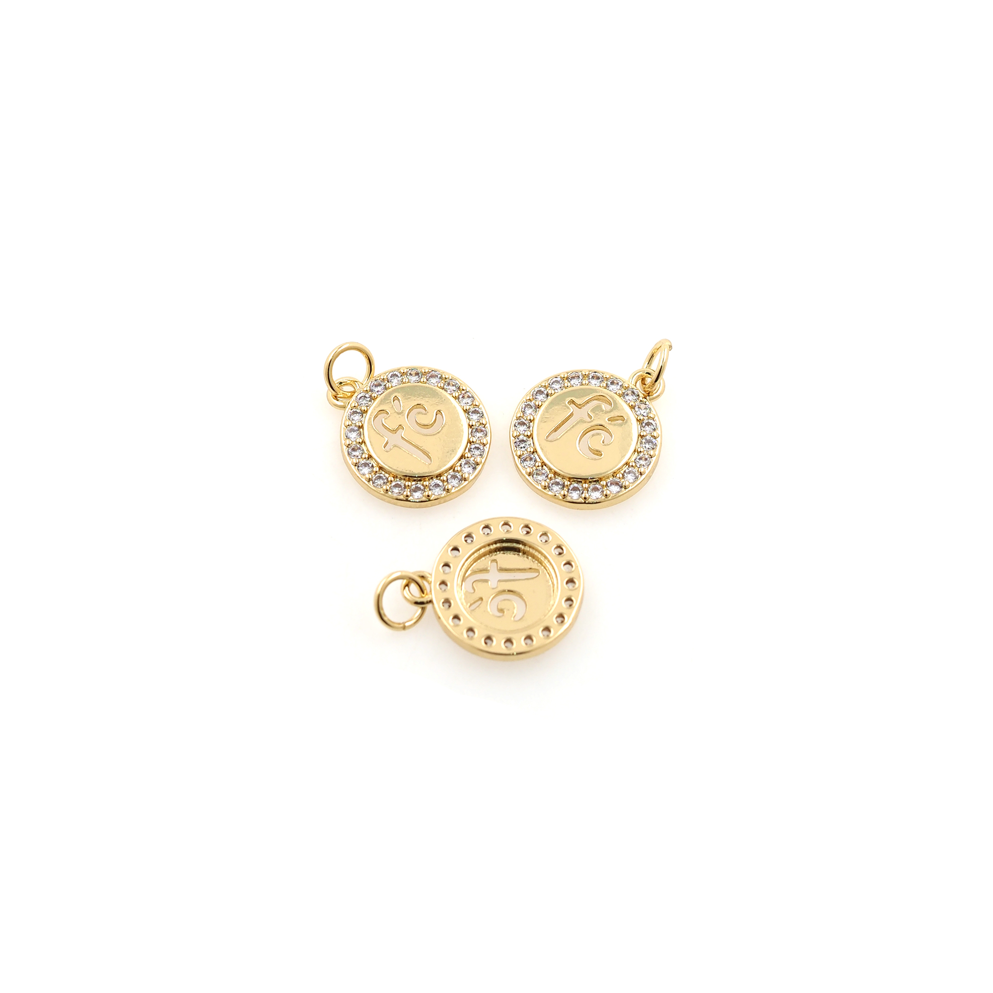 18K Gold Filled Fe Pendant,CZ Micro Pave Round Fe Charm Earrings Necklace for DIY Jewelry Making Supply