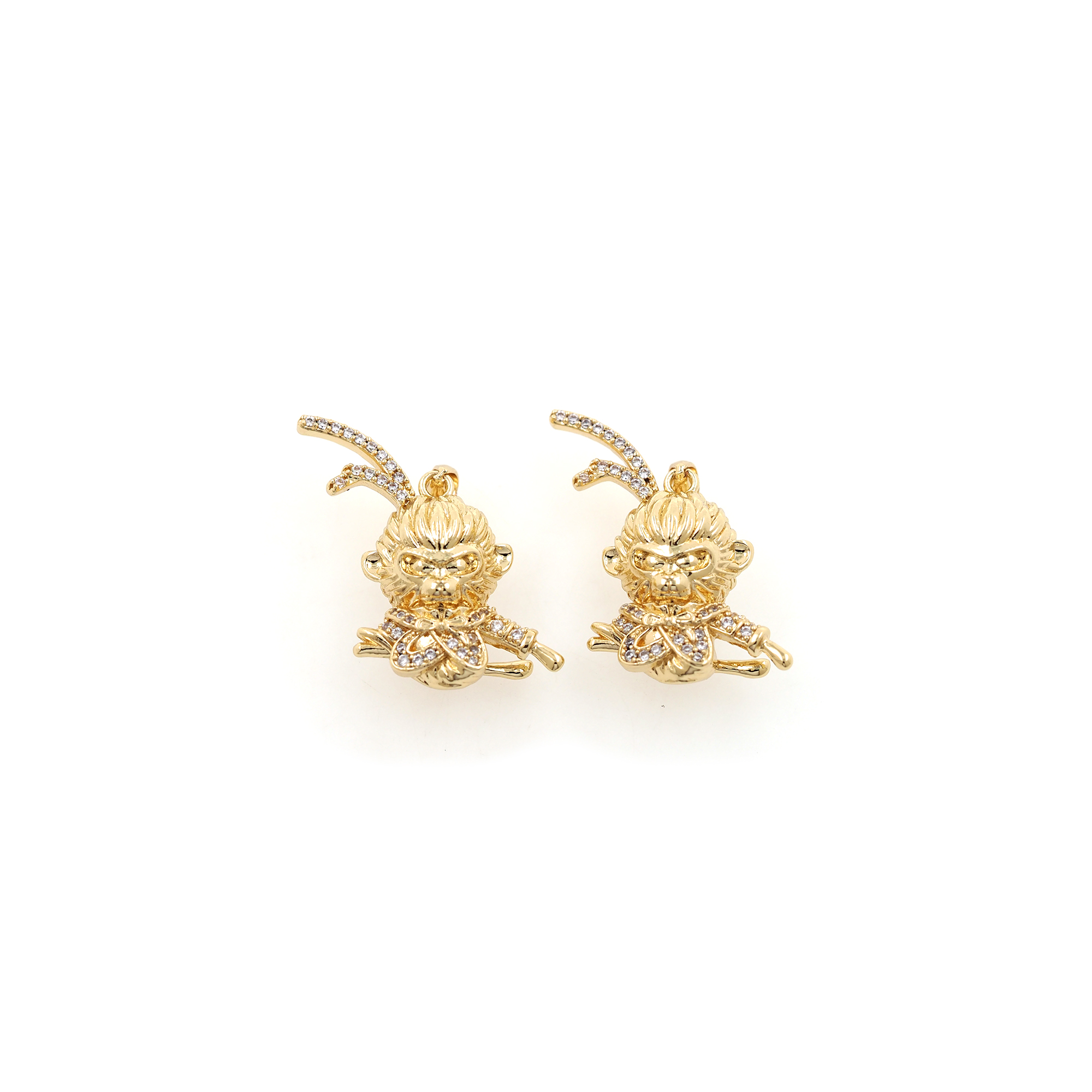 18K Gold Filled Monkey King Pendant,CZ Micro Pave Mythical Sun Wukong Charm Earrings Necklace for DIY Jewelry Making Supply