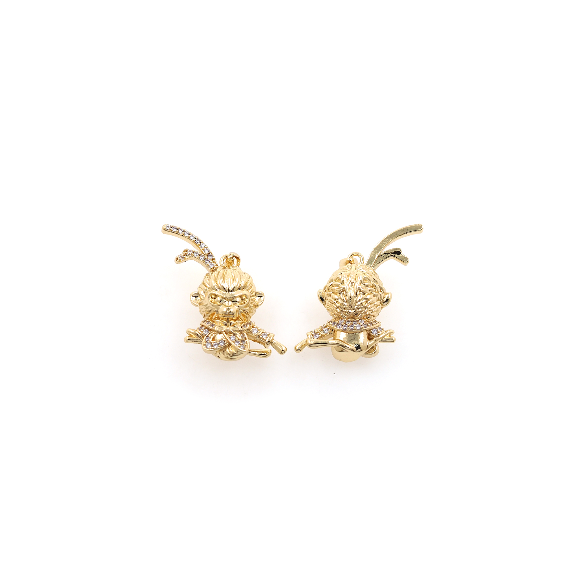 18K Gold Filled Monkey King Pendant,CZ Micro Pave Mythical Sun Wukong Charm Earrings Necklace for DIY Jewelry Making Supply