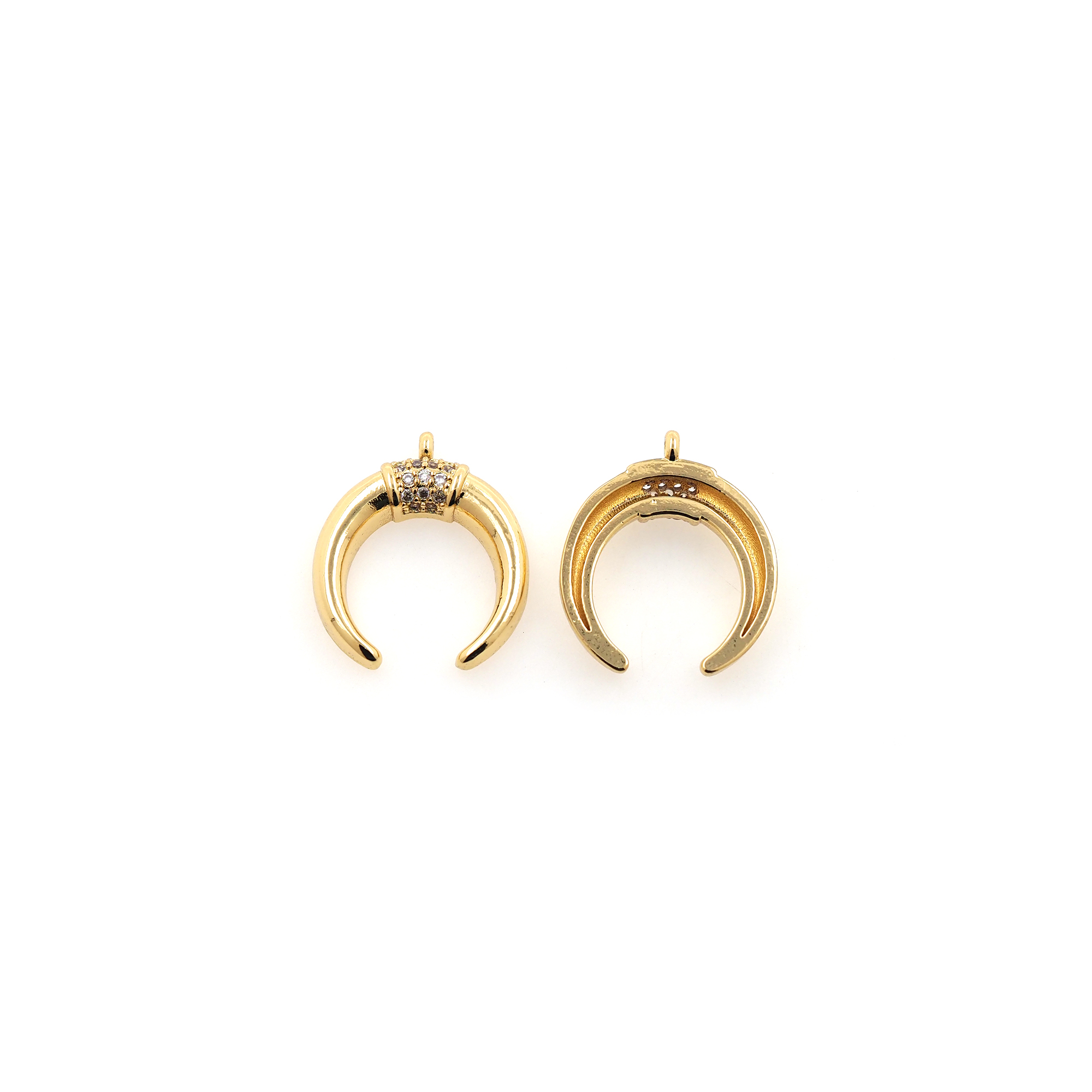 18K Gold Filled Double Horn Pendant,CZ Micro Pave Horn Charm Earrings Necklace for DIY Jewelry Making Supply