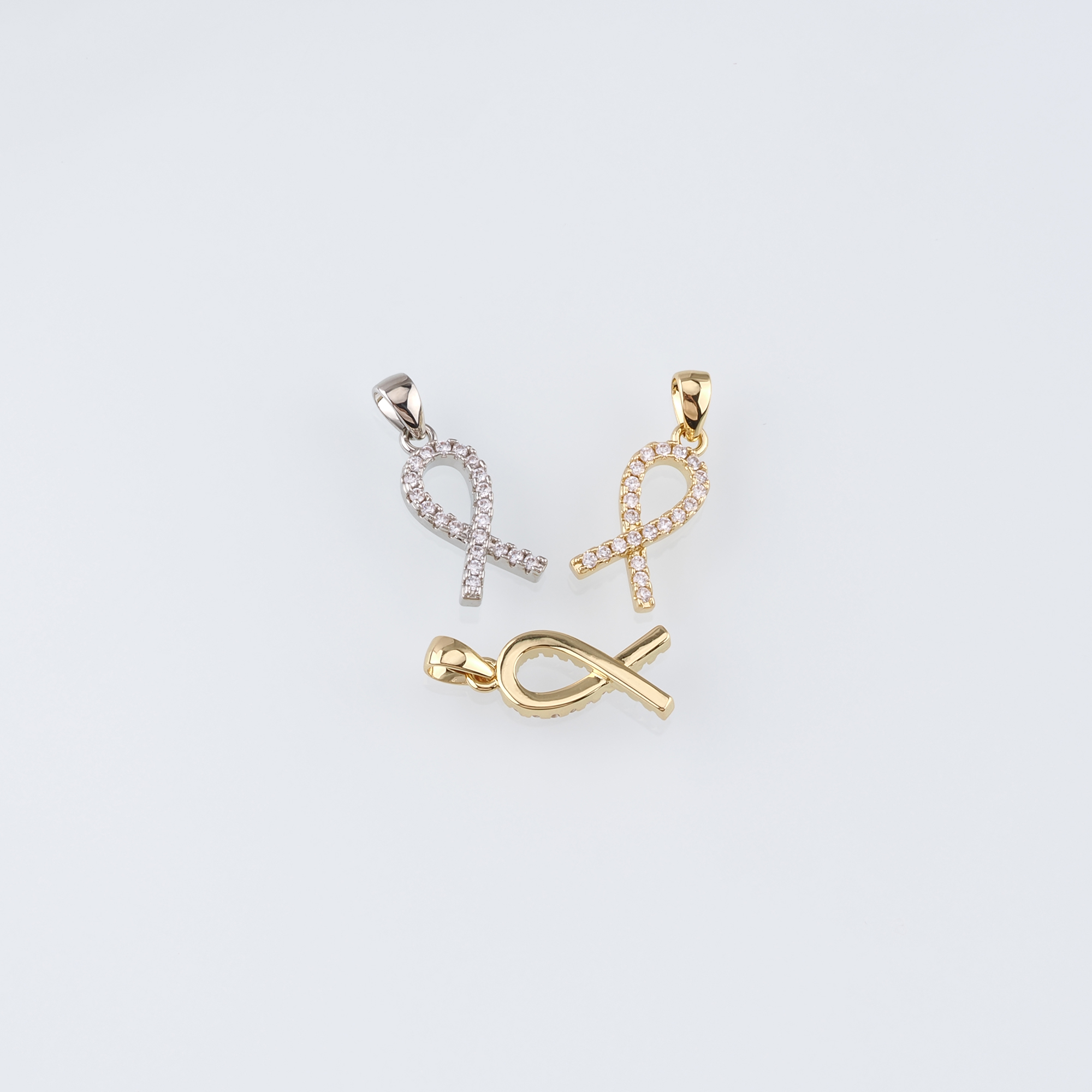 18K Gold Filled Ribbon Pendant,CZ Micro Pave Awareness Ribbon Charm Earrings Necklace for DIY Jewelry Making Supply