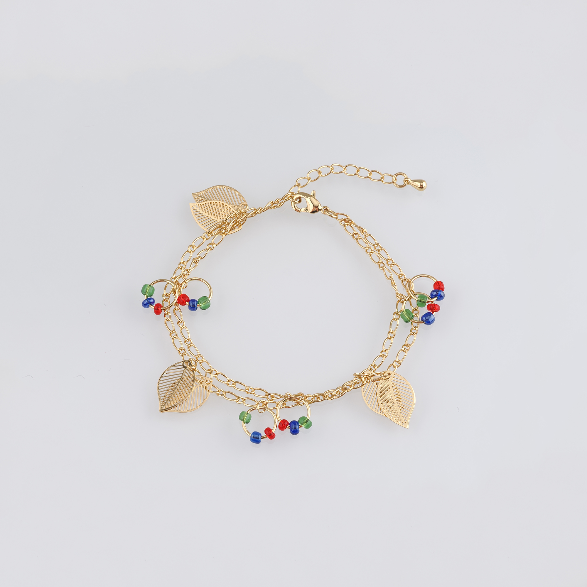 18K Gold Filled Leaf Link Chain Bracelet,Beaded Chain,Gold Chain Bracelet,Ladies Bracelet,Gift For Her