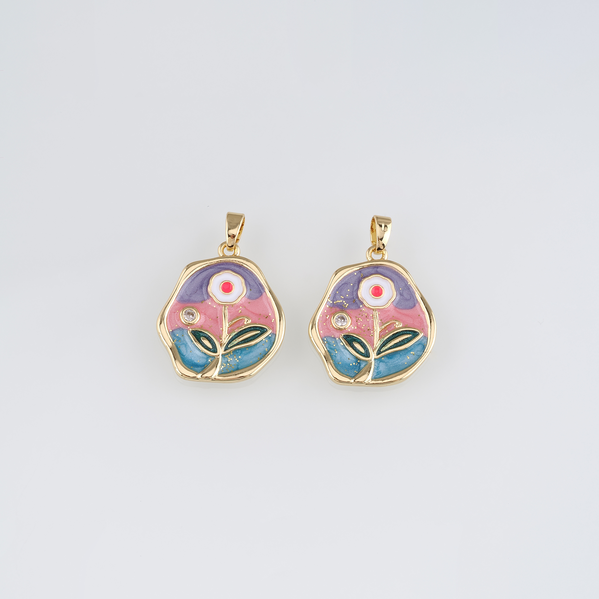 18K Gold Filled Flower Pendant,Enamel Flower Charm Earrings Necklace for DIY Jewelry Making Supply