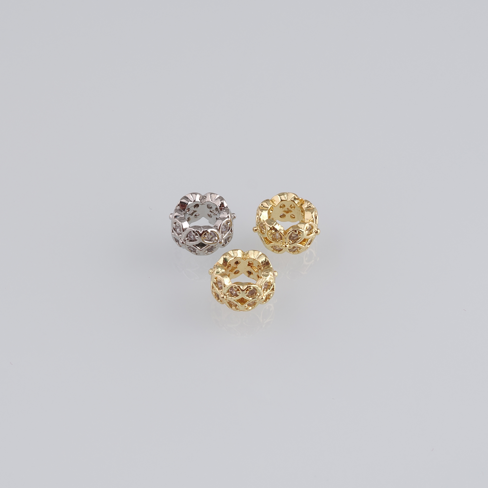 10Pcs 18K Gold Filled Flower Beads,CZ Micro Pave Round Flat Spacer Beads,DIY Jewelry Making Supply