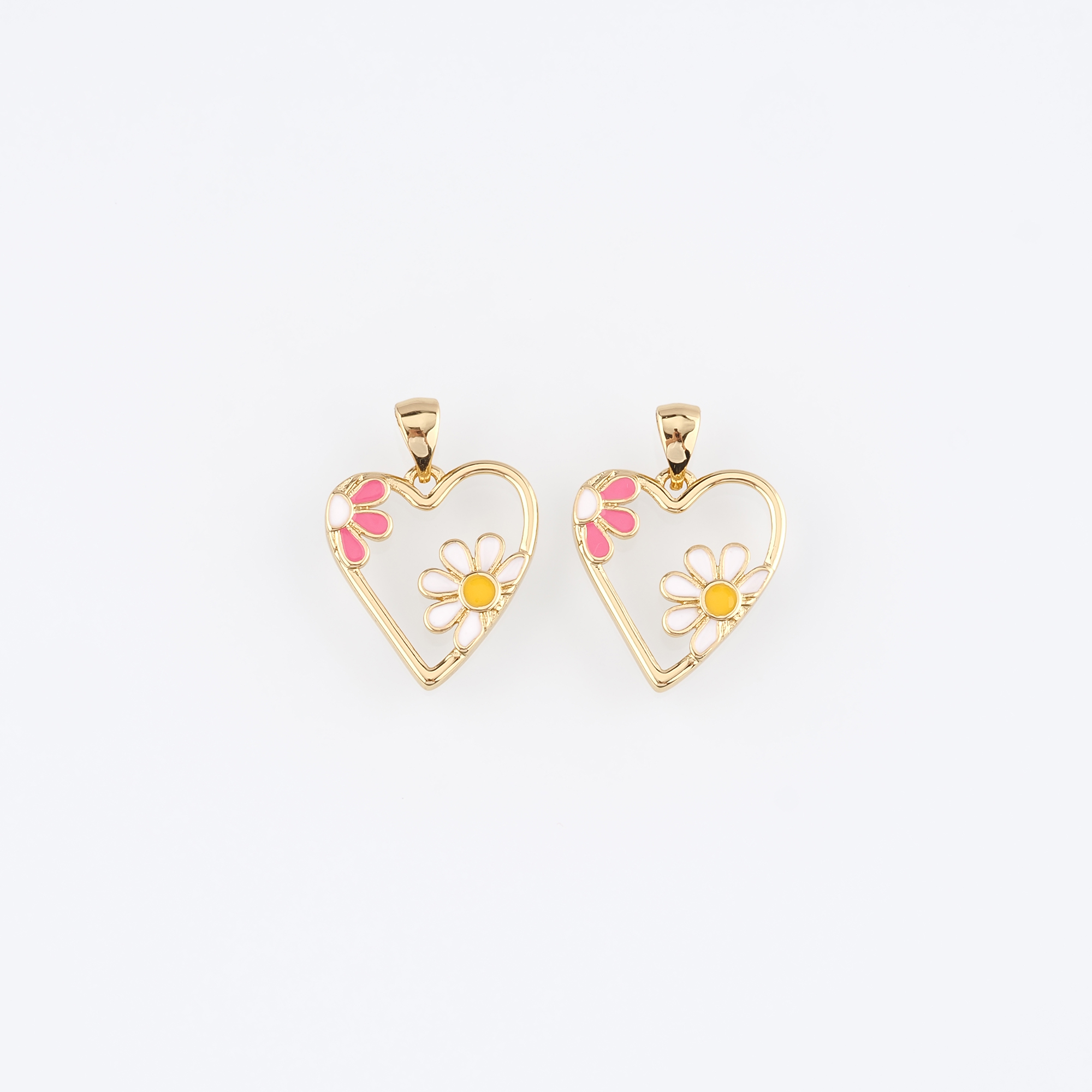 18K Gold Filled Heart Pendant,Enamel Heart Flower Charm Earrings Necklace for DIY Jewelry Making Supply