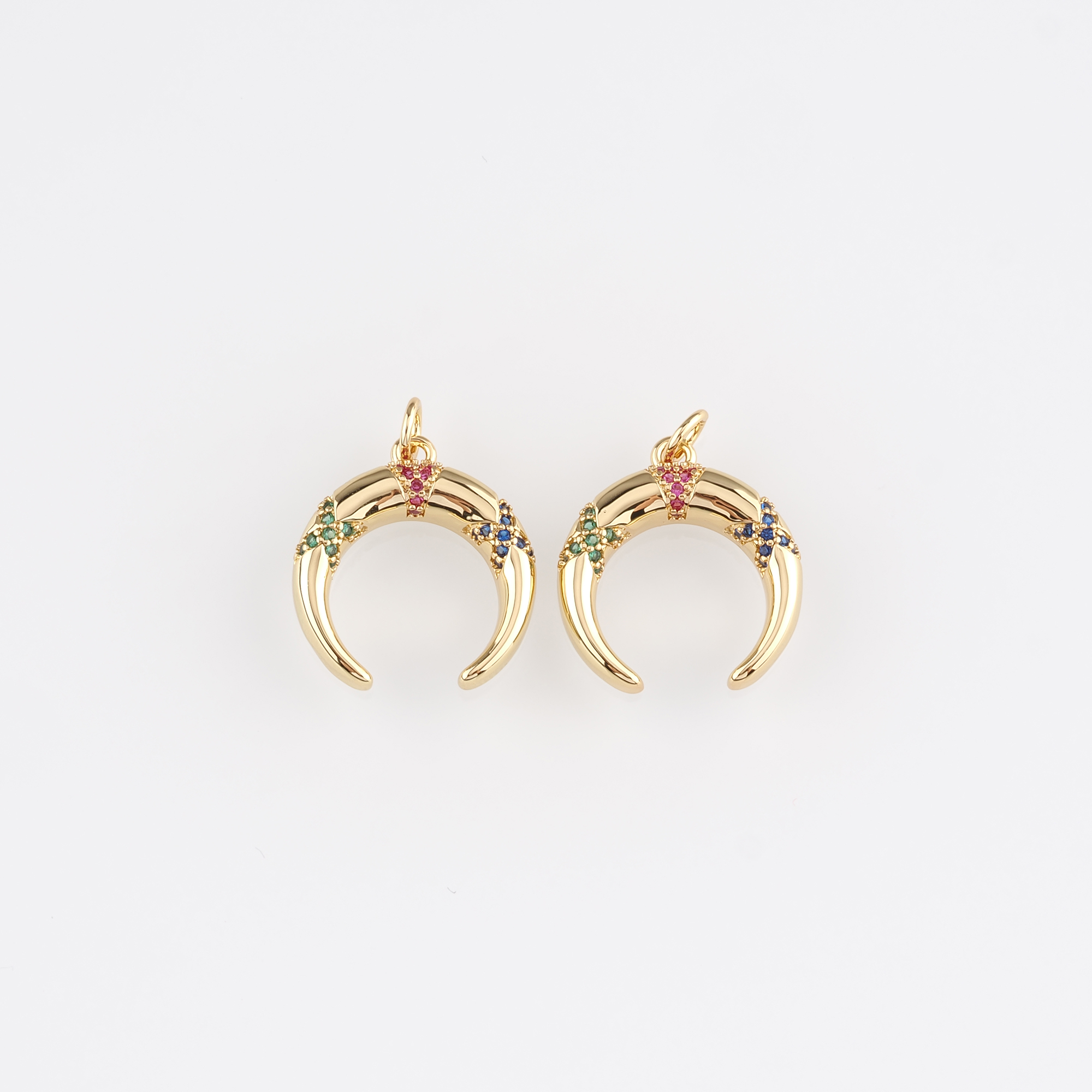 18K Gold Filled Double Horn Pendant,CZ Micro Pave Horn Charm Earrings Necklace for DIY Jewelry Making Supply